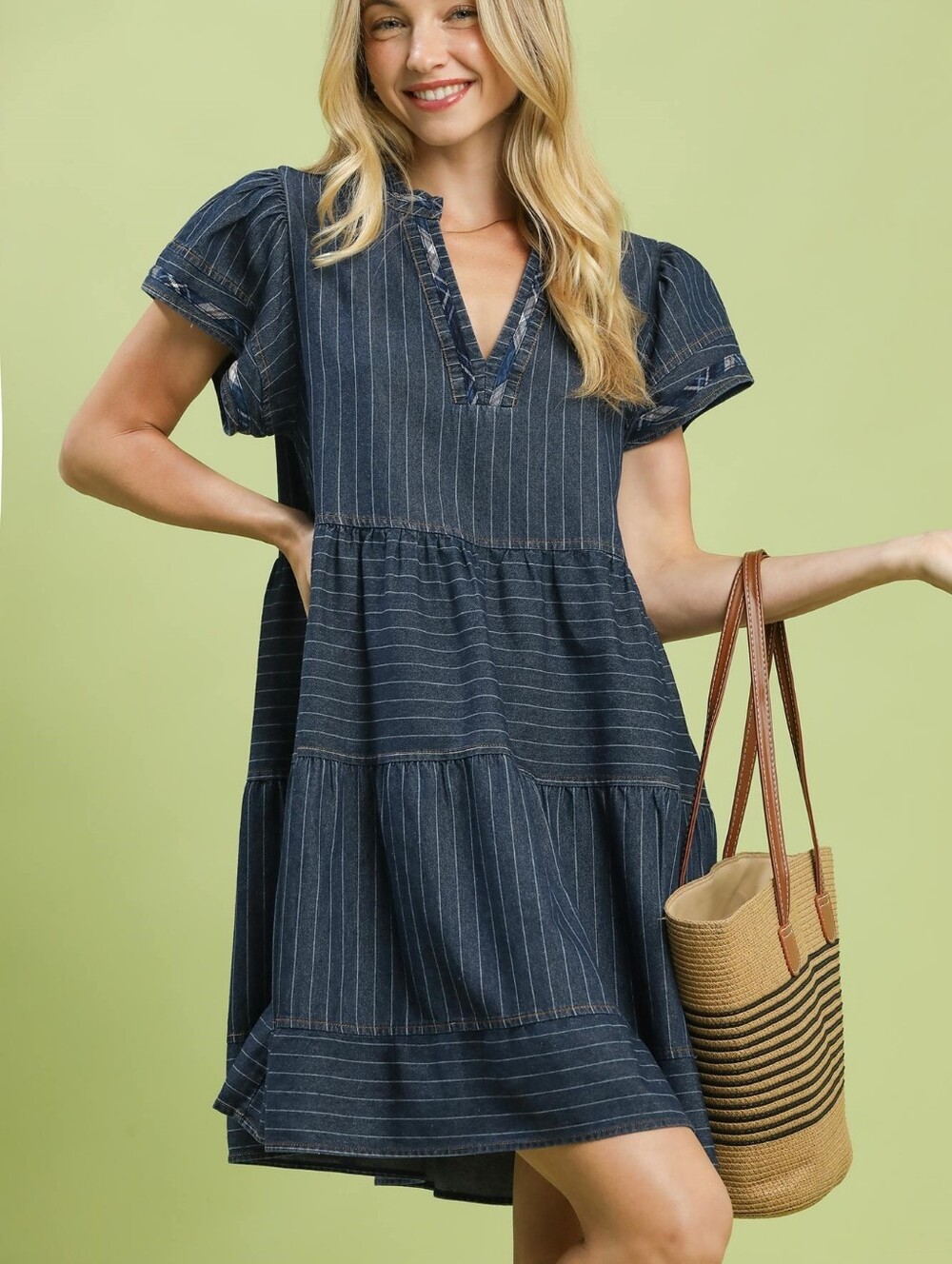 💥3/$180💥Umgee Striped Navy Blue Chambray Tiered Babydoll V-Neck Dress